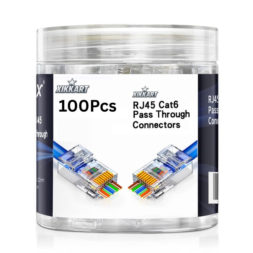 Cat6 RJ45 Pass Through Connectors (100 Pack) | Gold-Plated Modular Plugs for Solid & Stranded Ethernet Cable | Easy Crimp Network Plug for Cat6, Cat5e, Cat5 LAN Cable | (100-Pcs)-image-33