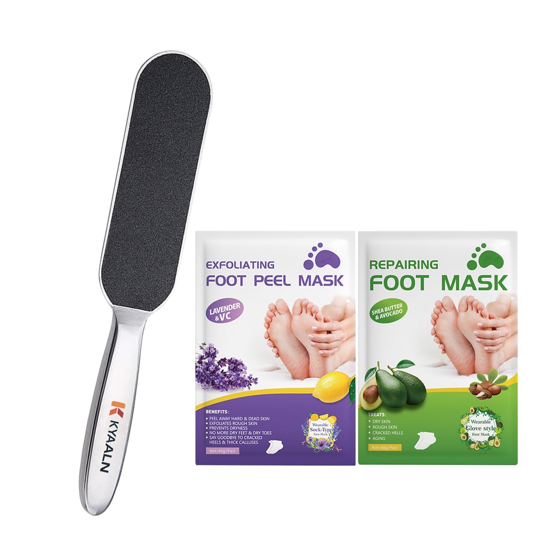 Stainless Foot File Callus Remover for Cracked Heels & Dead Skin — Pedicure Rasp with 10 Replacement Pads & 2 Exfoliating Foot Masks, Sandal Season