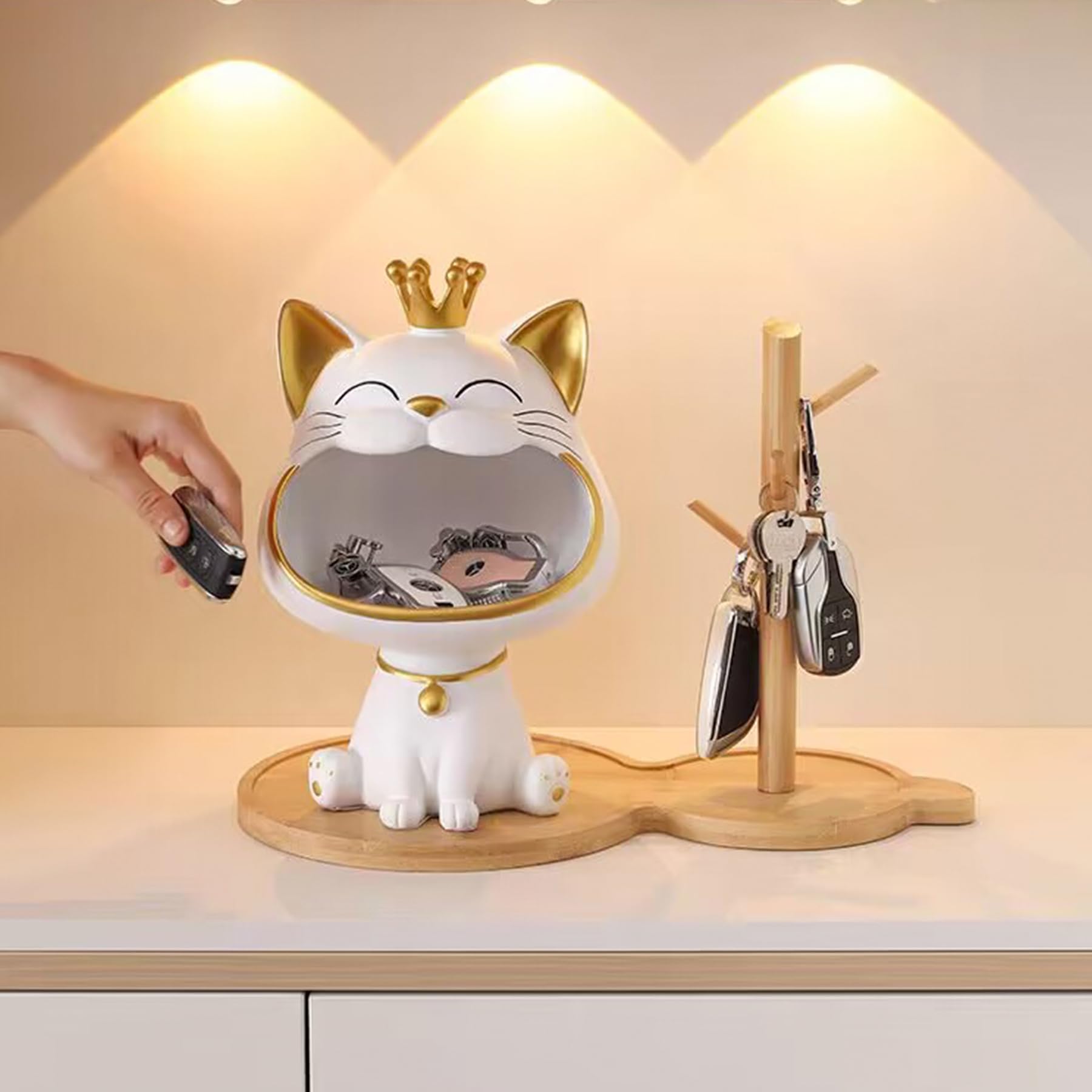 Statua Gatto Fortunato Portaoggetti - Scultura Decorativa Bianca Per Chiavi E Piccoli Oggetti - Foto 6