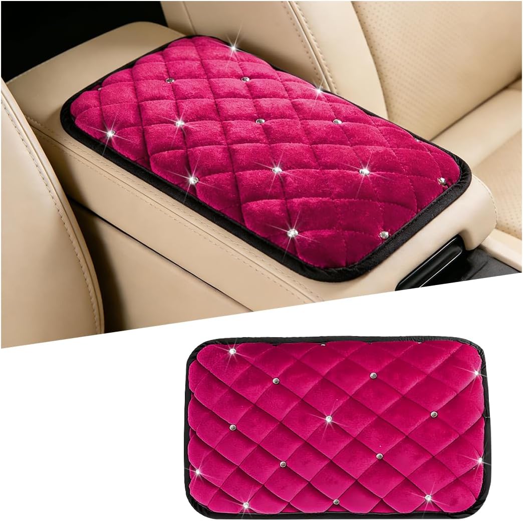 Bling Car Center Console Cover, Rhinestones Fluffy Automotive Armrest Protector, Anti-Scratch Crystal Diamond Vehicle Arm Rest Seat Box Cushion Pad Accessories, Universal Fit (Rose Red)