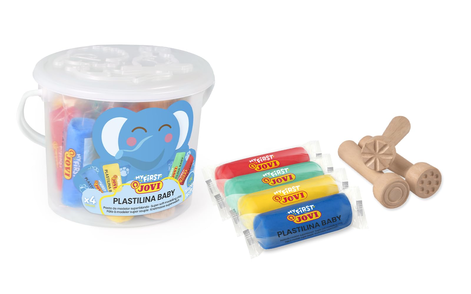 Jovi- Plastilina Baby, Color Rojo, Verde, Azul y Amarillo, 8 Pastillas + 3 Sellos (P371A)