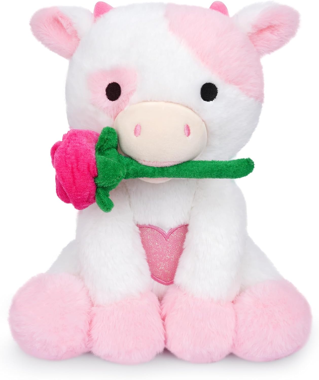 Bekrgwiy Valentines Stuffed Animal,10in Pink Cow Stuffed Animals with Rose,Valentines Day Plush Cow,Pink Cow Plushie Doll Toys,Valentines Day Gifts for Her Girlfriend Kids