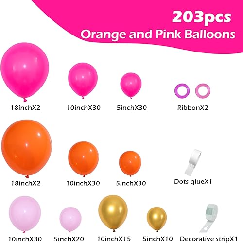 Miniatura 2 de FOTIOMRG Juego de 203 guirnaldas de arco de globos de color rosa intenso y naranja, globos de oro naranja y rosa para arco de globos, flamenco