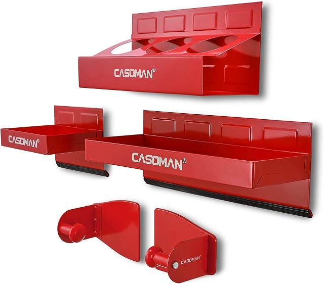 CASOMAN 4PCS Étagère de boîte à outils magnétique rouge, plateau, porte serviette en papier, variété d'utilisation, durable, aimants toute surface métallique