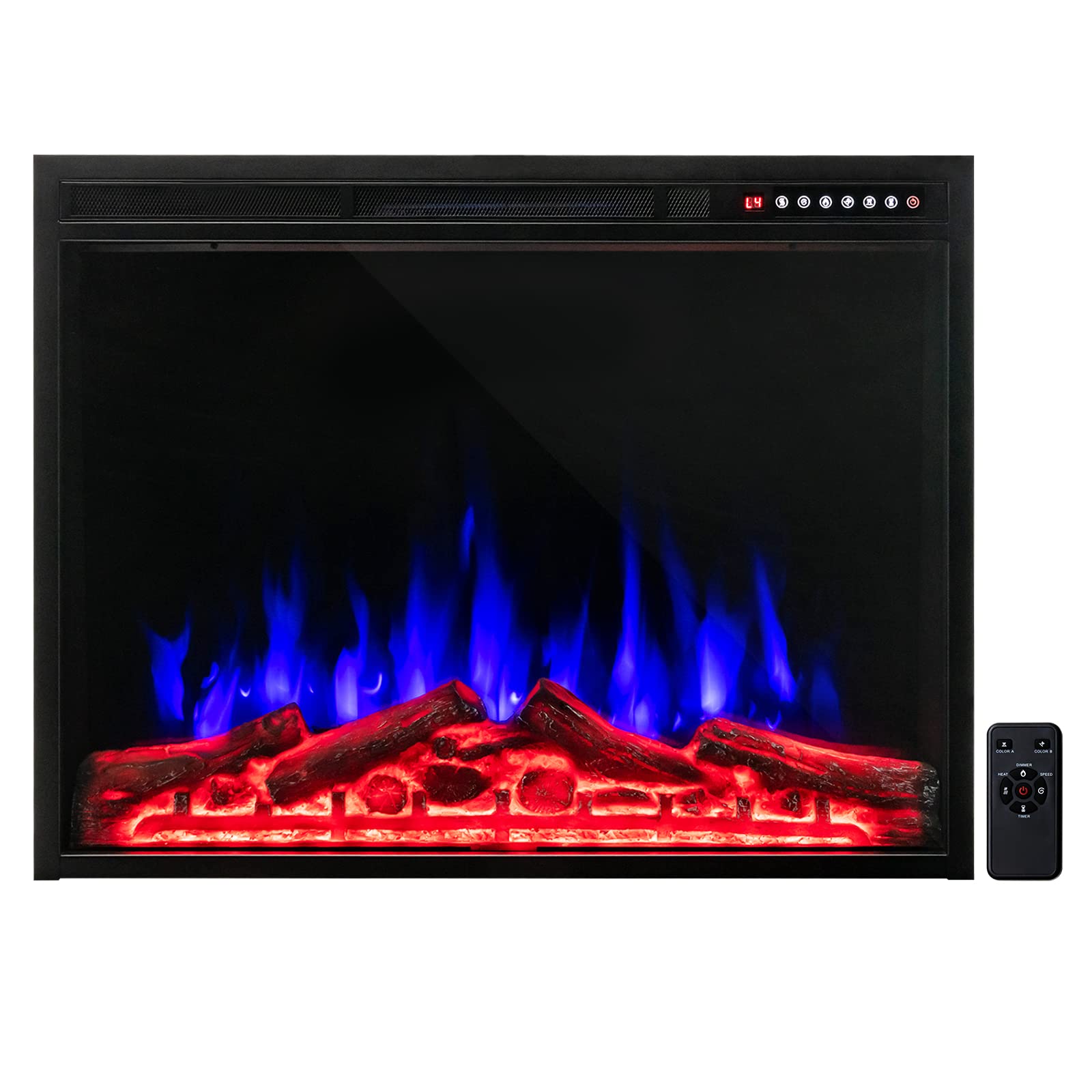 COSTWAY 34-Inch Electric Fireplace, Wall-Mounted and Recessed Fireplace Heater with 4 Flame and Log Colors, 5-Level Flame Speed and Brightness, Remote
