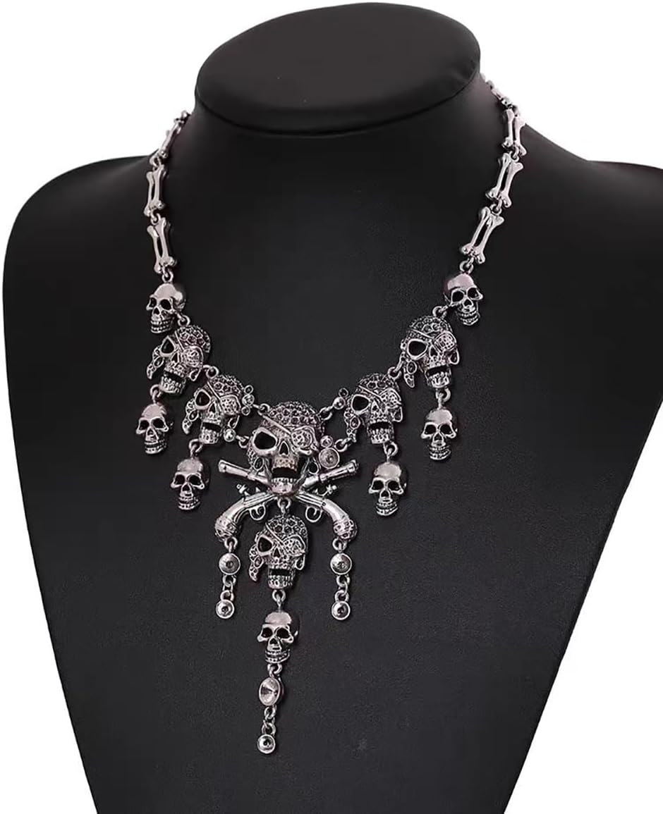 Pirate Skull Head Statement Neckalce Collar Bib for Women - Punk Halloween Skeleton Bone Tassel Charms Pendant Necklaces Adjustable Chain Link Choker Personalized Holiday Costume Jewelry