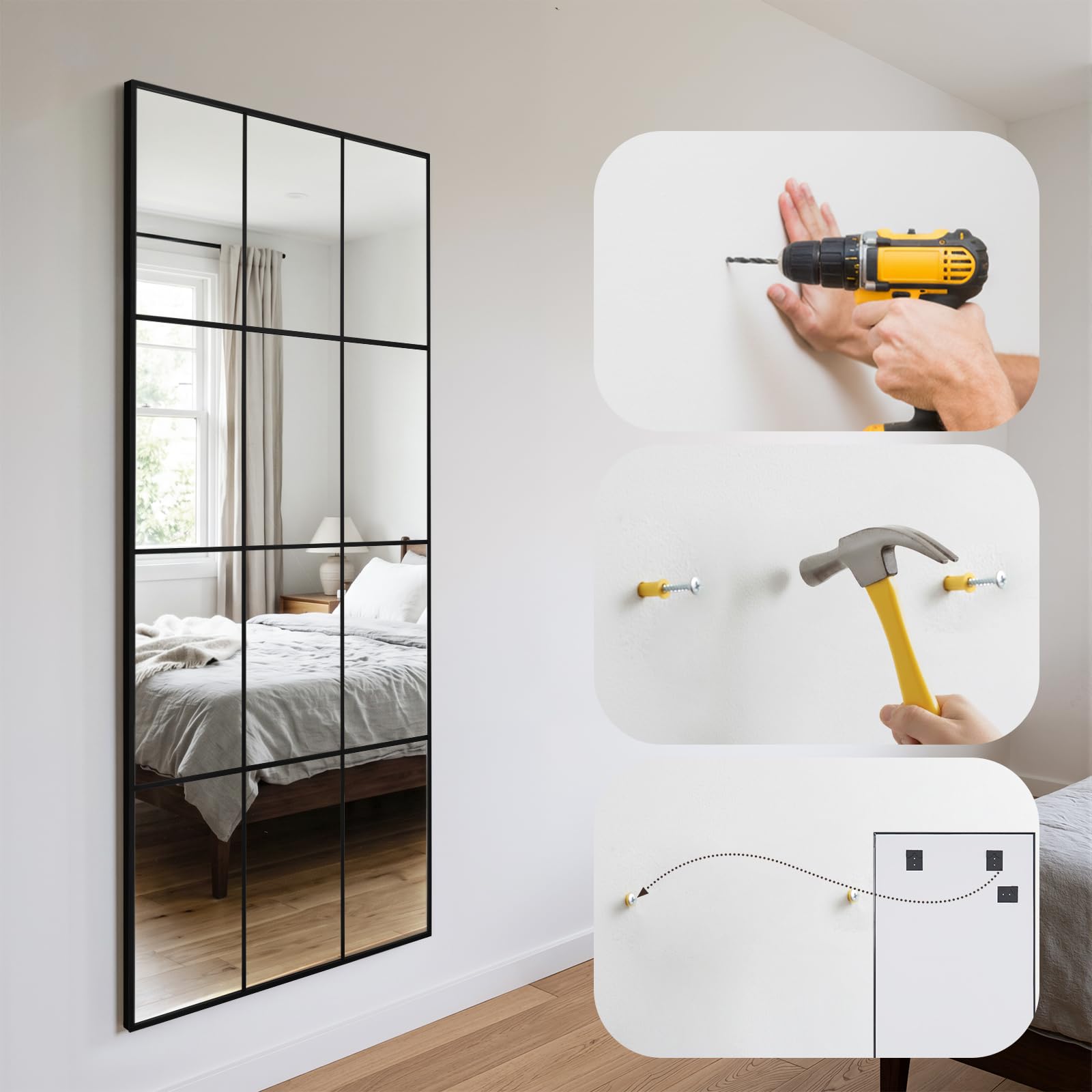Reflix Specchio da pavimento, 60 x 165 cm, nero, a tutta lunghezza, da parete, da appendere, decorazione per camera da letto, soggiorno, ingresso