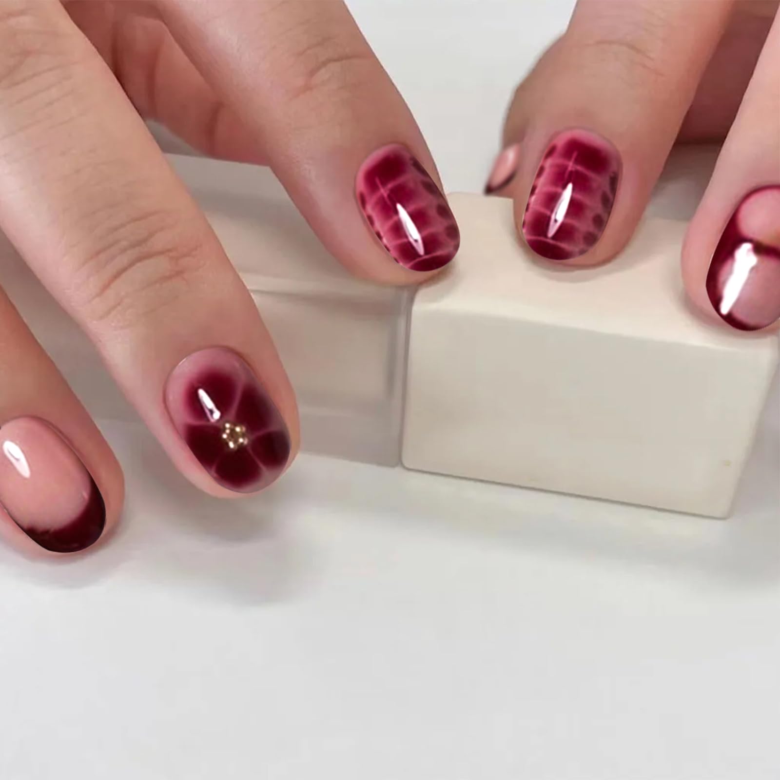 24 chiodi da incollare, con fiori rossi, per manicure fai da te, riutilizzabili