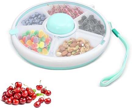 Snack Spinner, Spinner Snacks Box with 5 Compartments 18cm, Reusable Portable Snack Tray with Hand Strap for Home School Picnic Travel Green