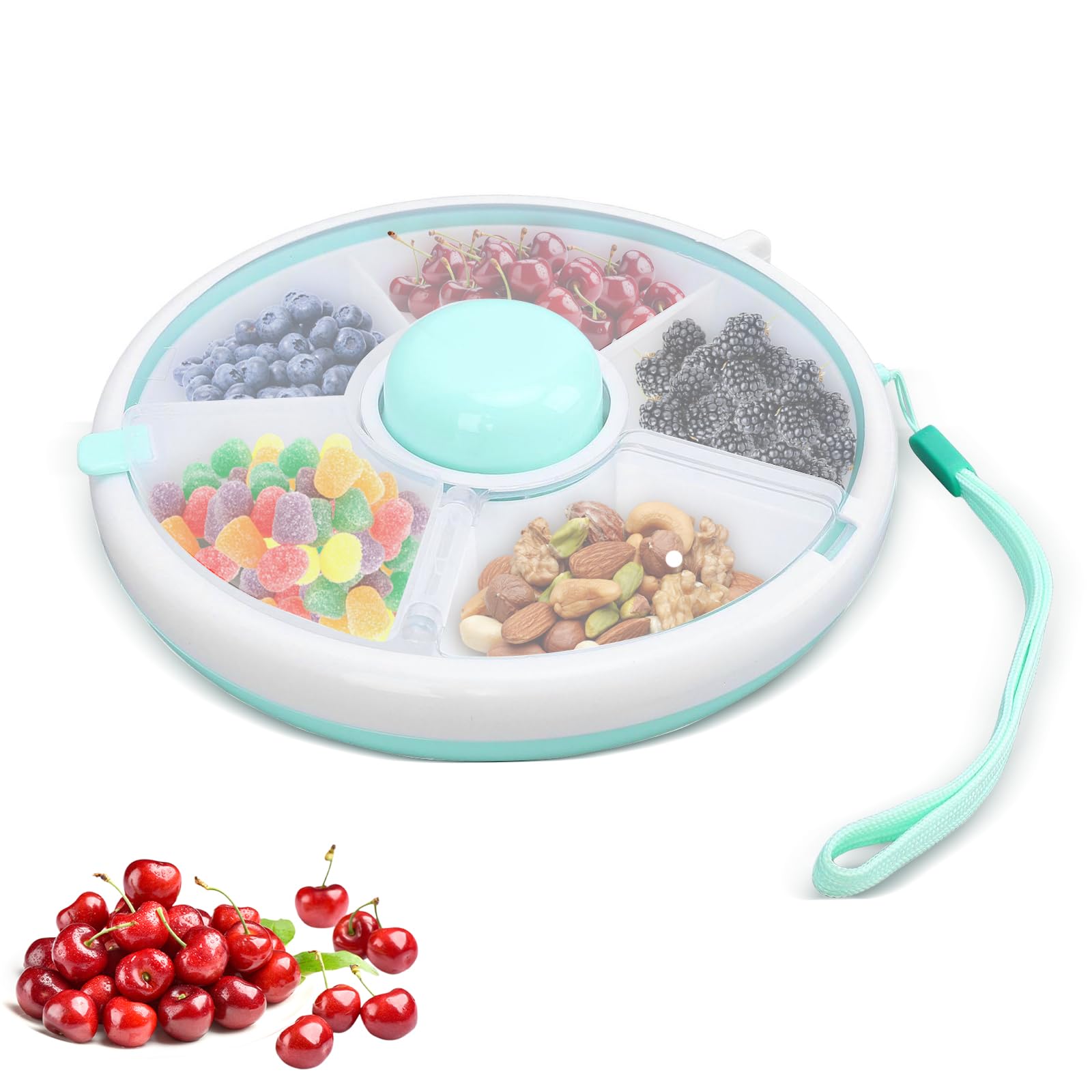 Megcdtr Snack Spinner, Spinner Snacks Box with 5 Compartments 18cm, Reusable Portable Snack Tray with Hand Strap for Home School Picnic Travel (Green)