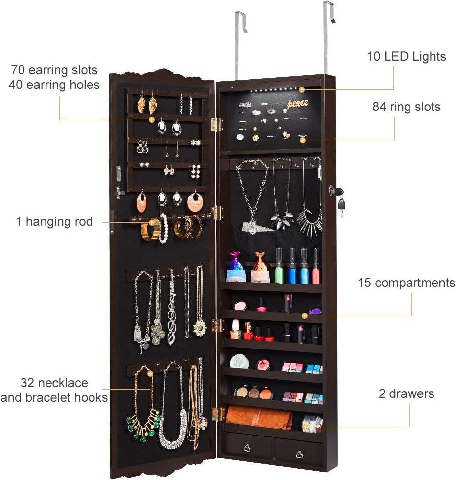 LANGRIA 10 LED Jewelry Armoire with Mirror, Lockable Wall-Mounted Over-The-Door Hanging Jewelry Cabinet with 3 Adjustable Heights, Carved Design with 2 Drawers (Brown)