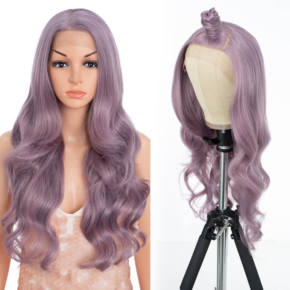 Style Icon 13x4 Lace Frontal Wig 26 inch Long Body Wavy Wig Pale Purple Synthetic Lace Front Wigs for Women Free Part Wig 150% Density