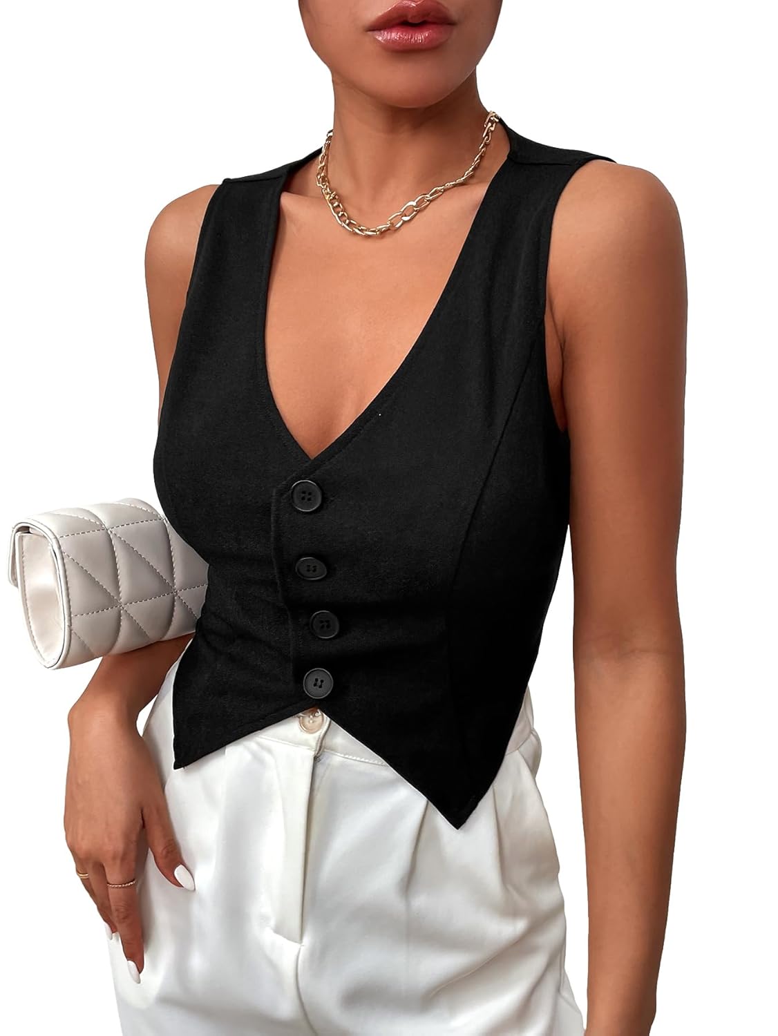 SweatyRocks Womens Asymmetrical Hem Button Front Crop Vest Blazer V Neck Sleeveless Crop Tank Top for Women
