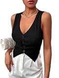 Women's Asymmetrical Hem Button Front Crop Vest Blazer V Neck Sleeveless Crop Tank Top for Women