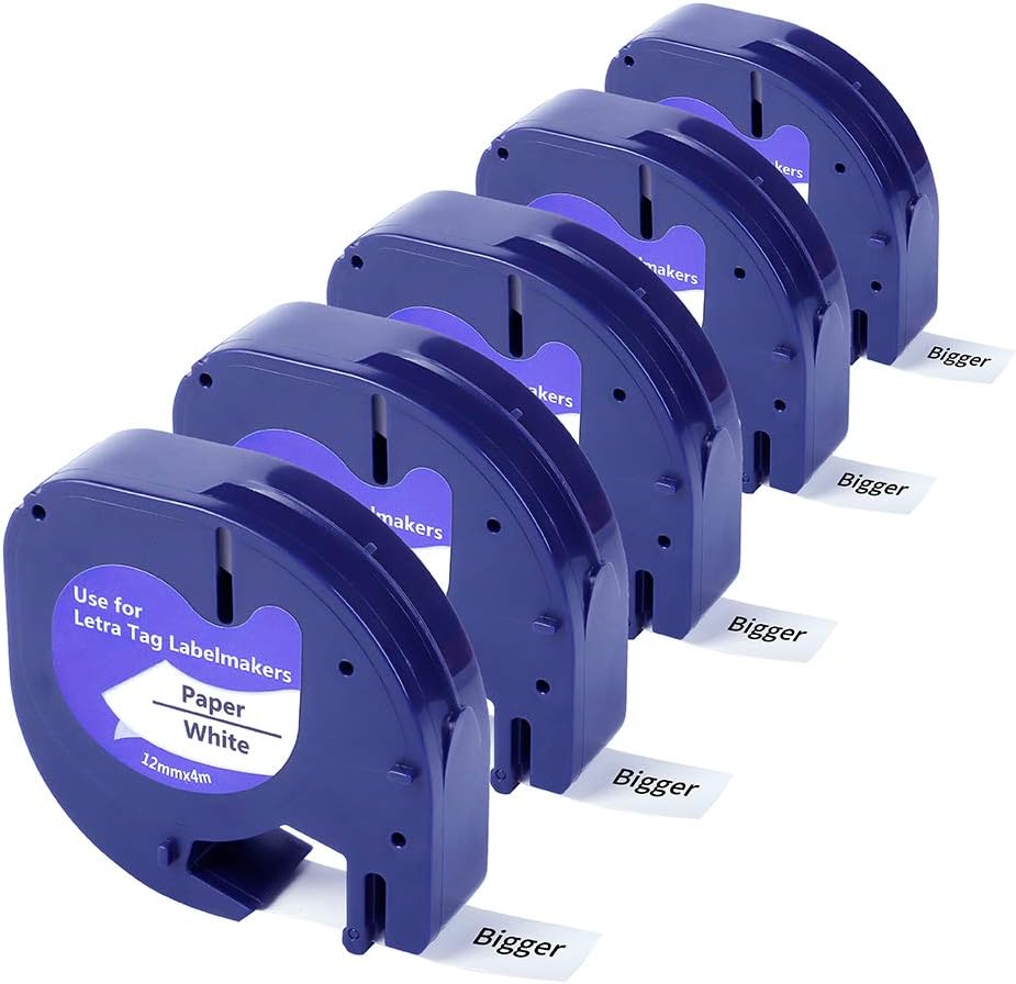 Bigger Compatible Label Tape Replacement for Dymo LetraTag Paper Label Tape Used with Dymo LetraTag LT-100H Label Maker, Black on White, 12mm x 4m, 5-Pack