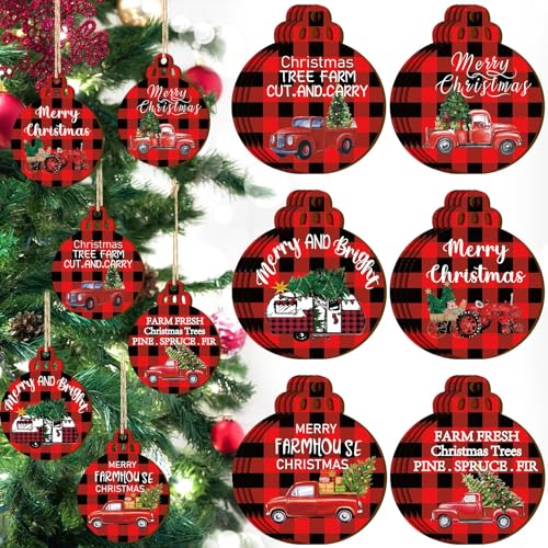 Gerrii 24 Pcs Christmas Red Truck Ornaments Buffalo Plaid Wooden Tags