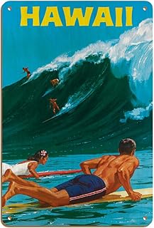 Hawaii - Big Wave Surfing - Vintage Travel Poster by Chas Allen c.1950s - 8 x 12 inch Vintage Wood Art Sign