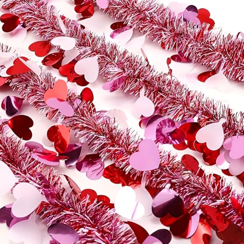 Image of 2Pcs Valentine's Day Tinsel Garlands 66FT Metallic Fringe Garland with Pink Hearts Glitter Streamers for Wedding, Engagement, Anniversaries, Romantic Love Valentines Day Decorations