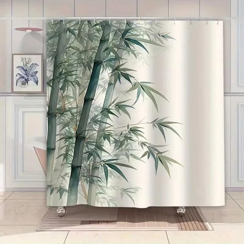 Rideau de Douche en Bambou Tissu Imperméable Lavable avec Crochets Anti Moisissure en Polyester Rideau Douche pour Baignoire Cabine de Douche 200x260cm/WxL