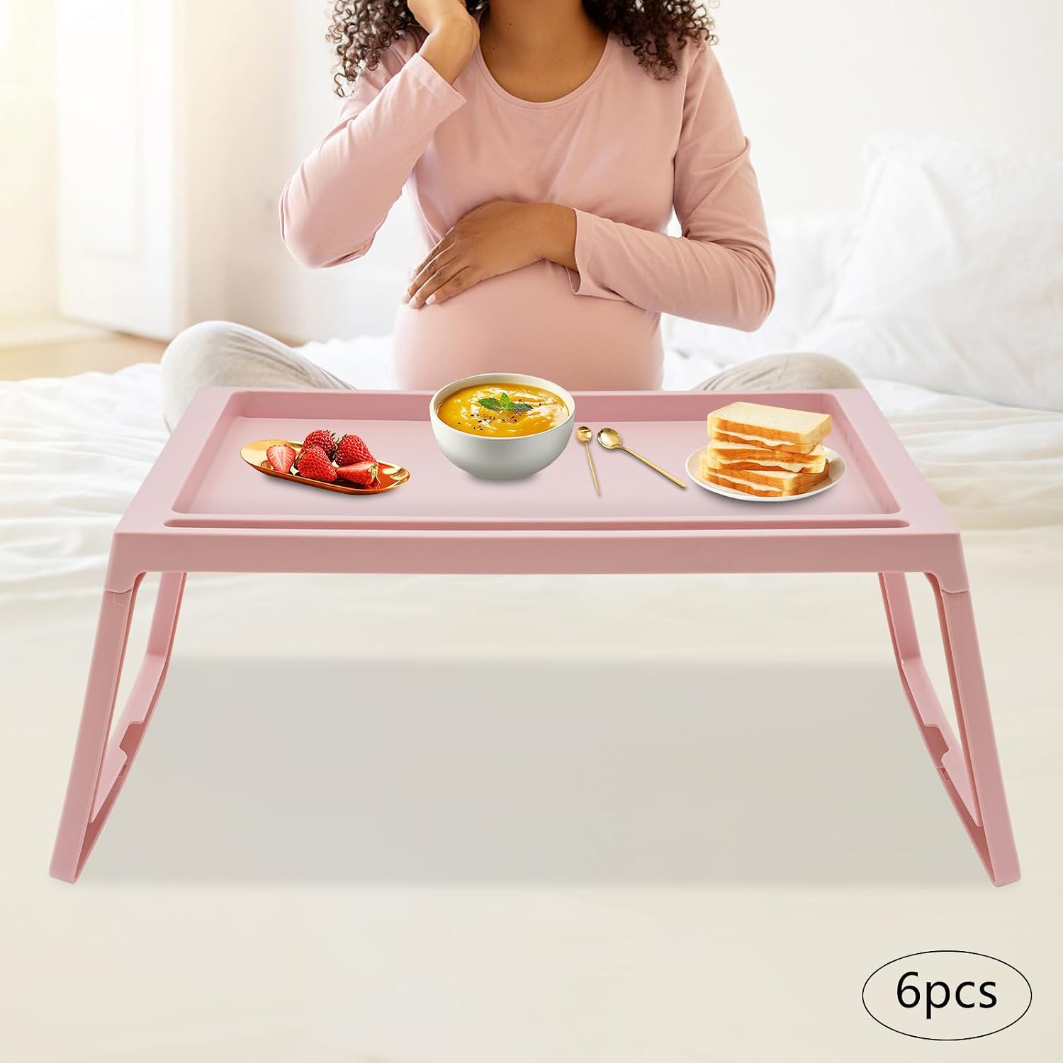 6 Pack Bed Tray Tables Breakfast Trays Serving Tray, Bed Laptap Desk with Foldable Design, Trays Folding Tables, Snack Table with Phone Slots for Eating, Sofa, Bed, Studying and Working (Pink)