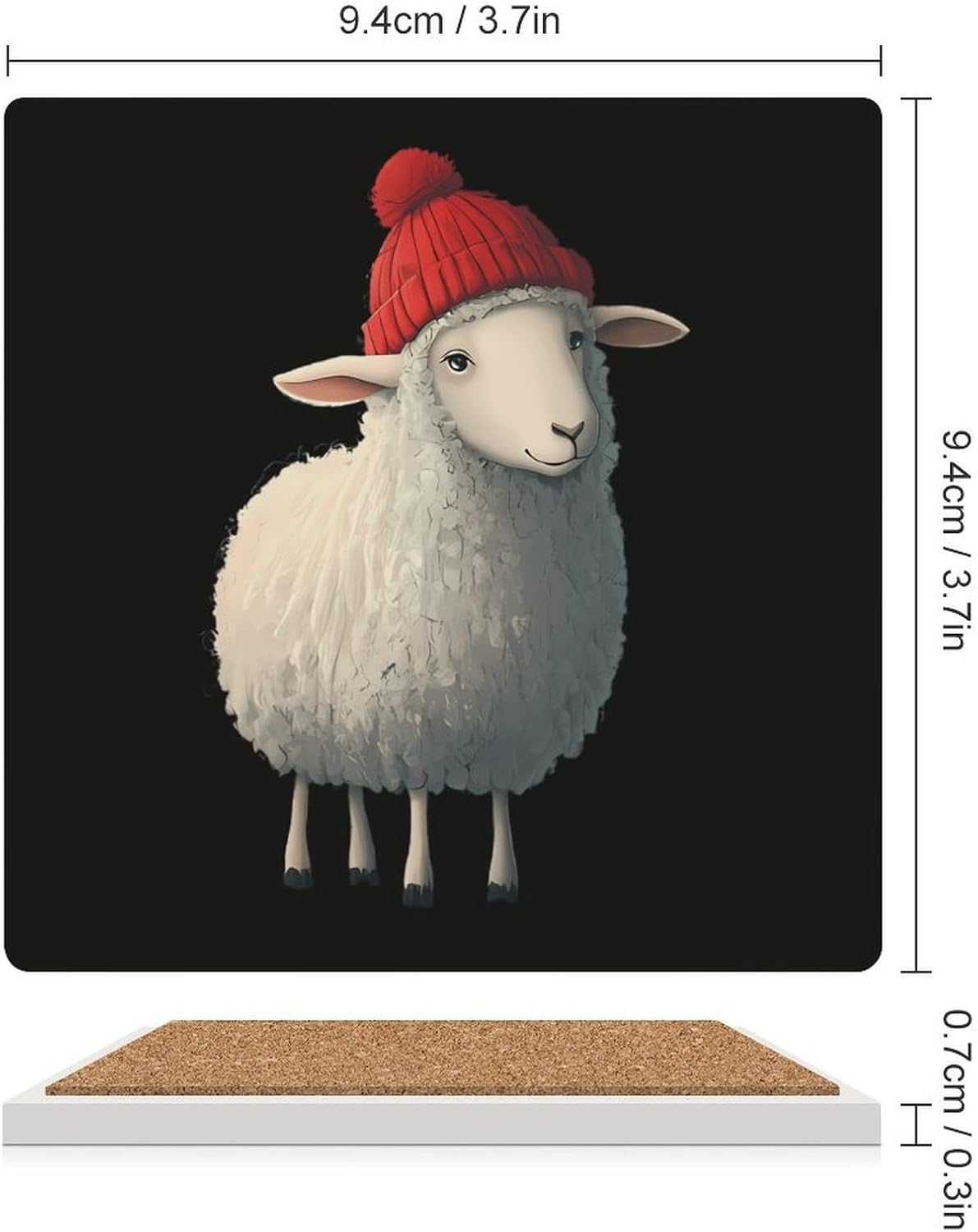 Cute Sheep Wearing Red Hat Funny Ceramic Coasters for Drink Absorbent Cup Holders Tabletop Protection
