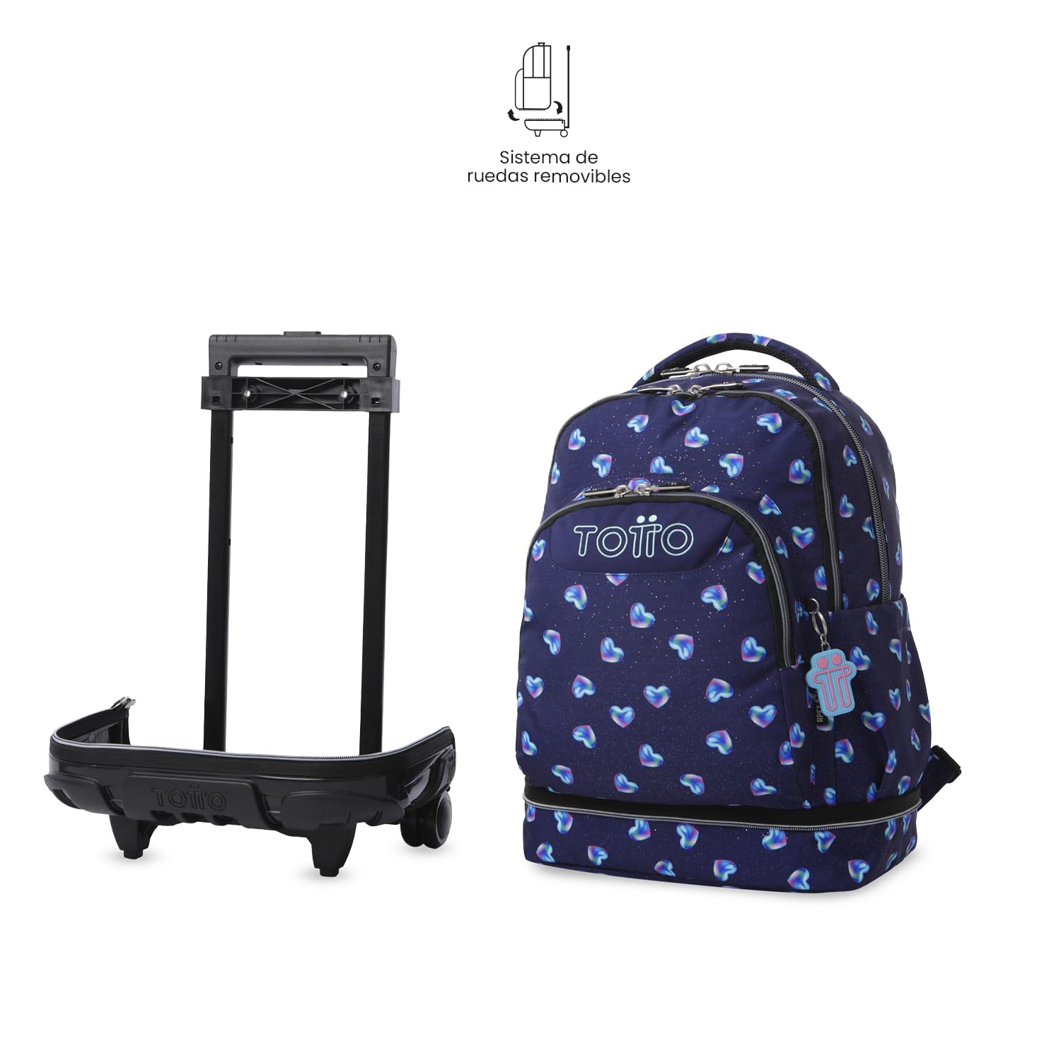 TOTTO - Mochila Escolar con Ruedas Desmontables, Modelo Tiza Glitter, Capacidad 26 L, Mochila PC 15.4", Bolsillo Botella, Manija Telescópica, Espaldar Ergonómico y Correas en S, Estampado Nacary