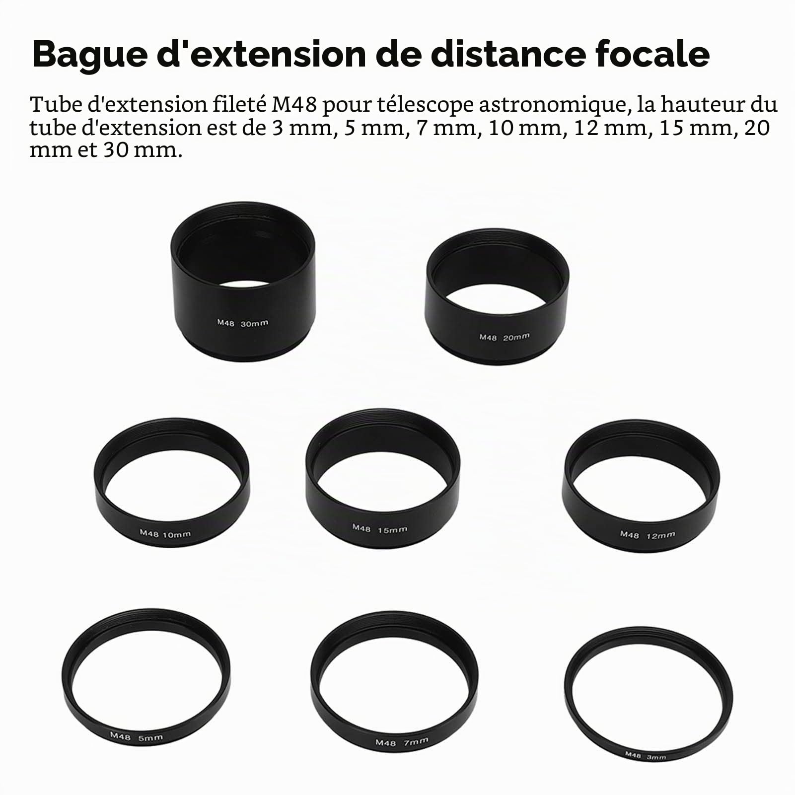 Bague D'Alle M48,Bague M48,Ensemble De Tube D'Extension De Télescope,8 Pcs M48X0.75 Kit De Tube D'Extension De Lueur Focale 3 5 7 10 12 15 20 Anneau D'Extension De 30 Mm Pour La Photographie De Télesc