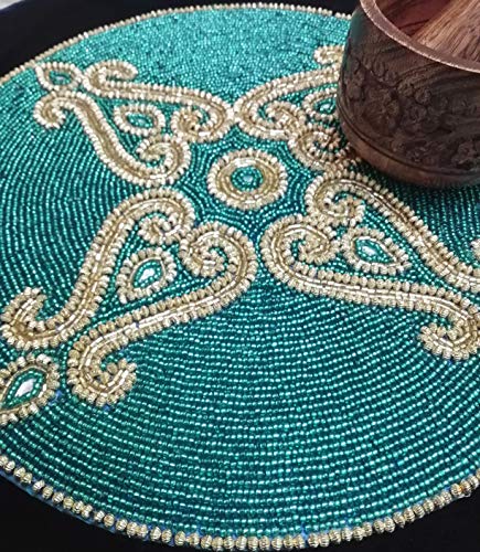 Beaded Placemats For Dining Table Dia 13 Inches- Teal Gold Silver,Beaded Placemats Round For Gathering, Thanksgiving - Occasional Decoration And Family Parties Celebrations.set Of 1 #TOP7
