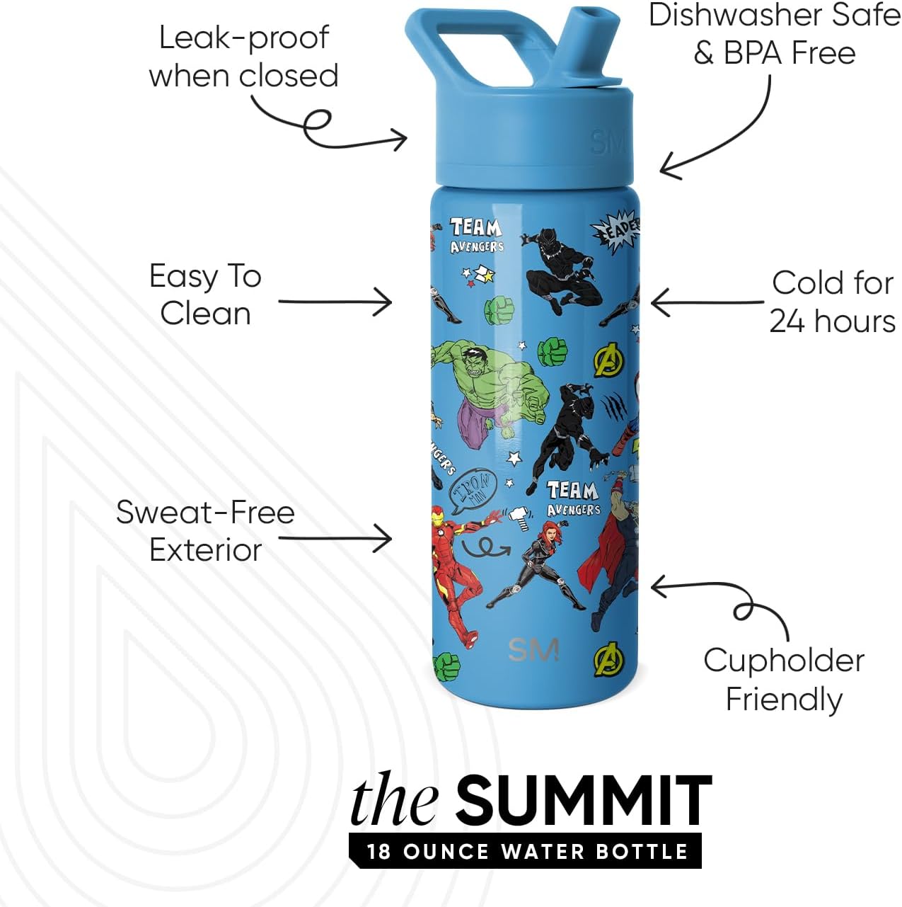 Simple Modern Kids Summit Water Bottle with Straw Lid | Marvel Avengers 18oz Stainless Steel Cup Insulated Tumbler for Boys, School | Avengers Heroes
