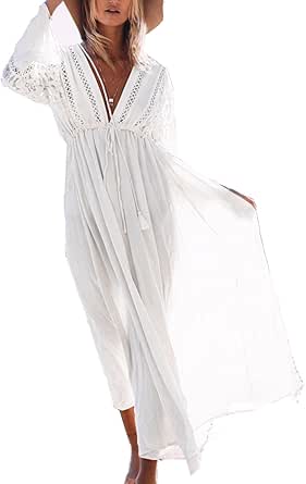 Robe Plage Fentes Latérales Manches Fluides Robe Longue Plage L-Peach - Kaftan Maxi Imprimé - Cover-Up Maillot De Bain Femme - Style Bohème Vêtement Vacances Plage Piscine