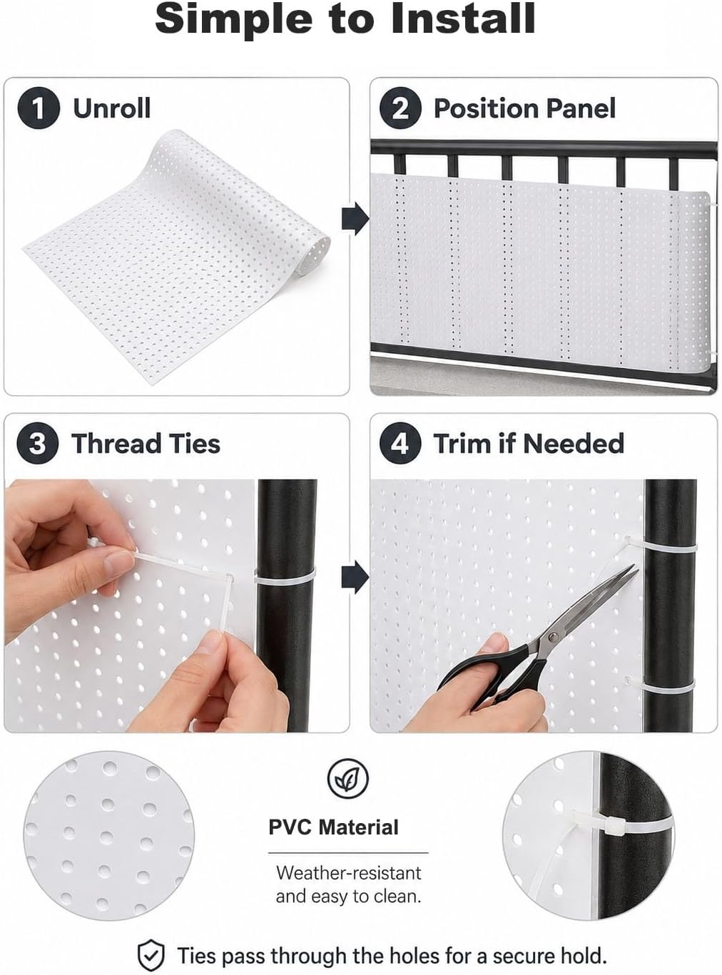 PVC Railing Cover Sheet - 1mm Perforated Balcony Screen with Cable Ties, Garden Privacy Panel for Balcony Rails, Fence & Window Guard (Milk, 120x150 cm / 3.9x4.9 ft)