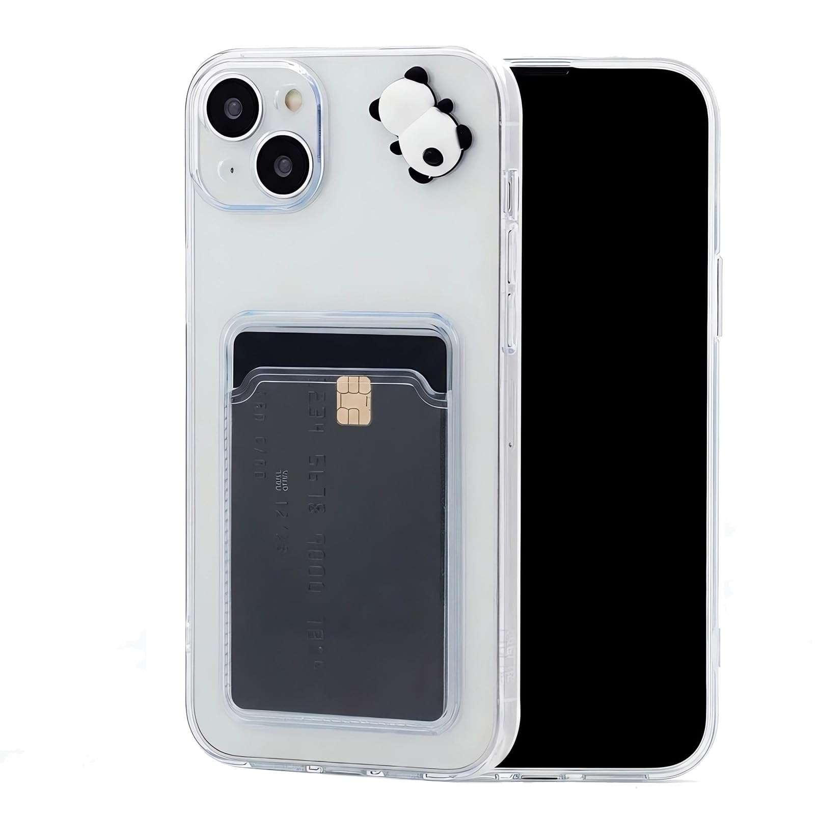 Chengyuanfeng Cover Trasparente per iPhone 14 Plus con Porta Carte, Custodia Ultra-Sottile 1,5 mm in TPU Antigiallo Antiurto, Minimalista Portafoglio con 3D Panda Applicato a Mano, Studenti e Campus