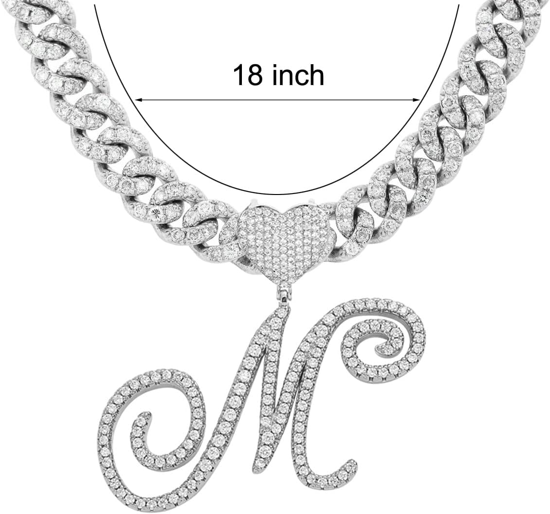Initial Necklaces Silver Cuban Link Chain for Women Iced Out Chain with Heart Letter Pendants Custom Chain Name Necklace Hip Hop Jewelry Gift - Image 2