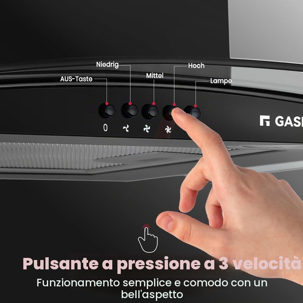 Gasland Chef GR60BP Cappa aspirante 60cm, Montaggio a Parete, 500 m³/h, 3 Livelli, Vetro Nero, Aspirazione Cappa da Cucinacon Filtro Antigrasso in Alluminio