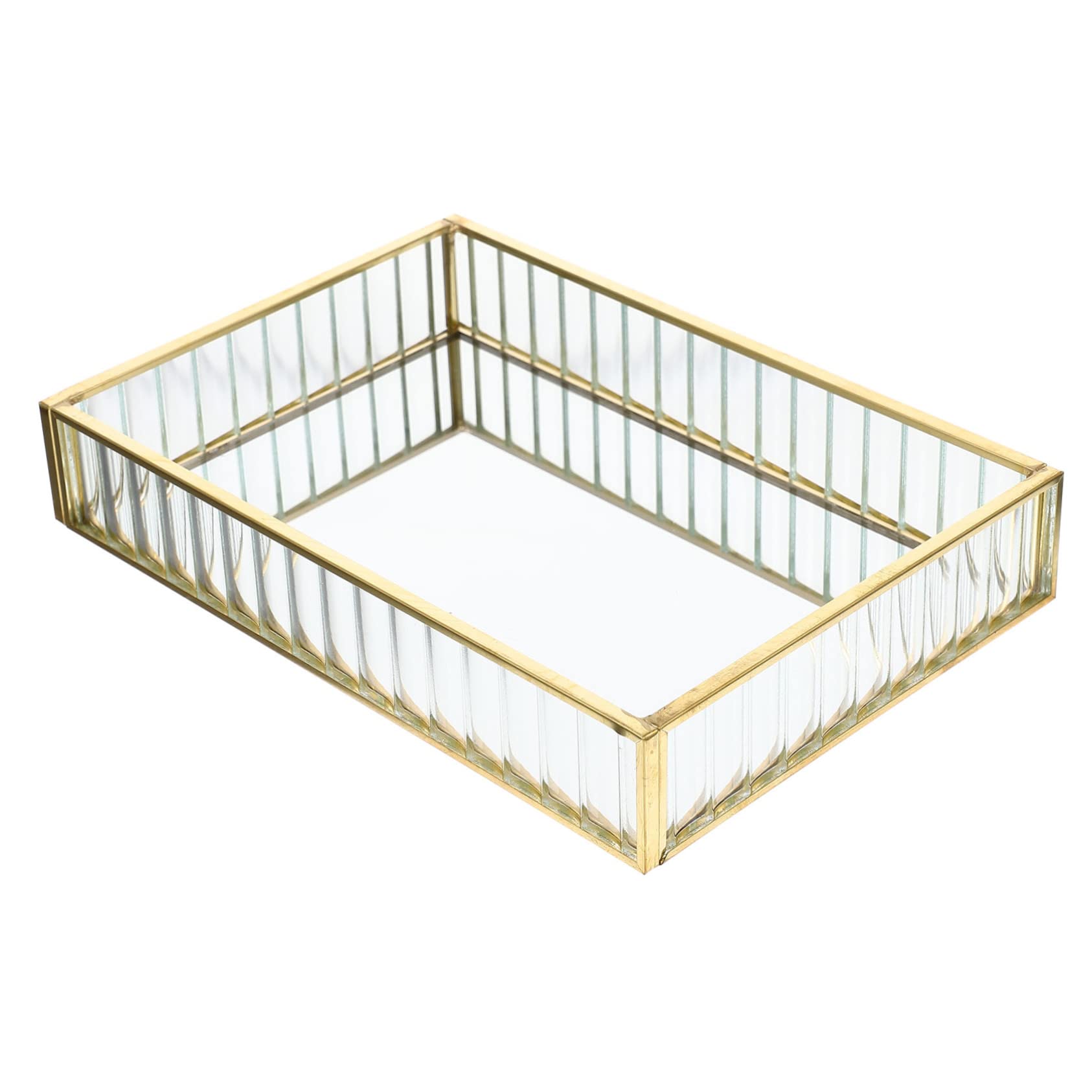 Small Alloy Frame Striped Glass Mirror Tray Creative Jewelry Storage Plate for Beauty Products Elegant Organizer for Home