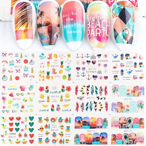 Summer Nail Art Stickers Colorful Fruits Water Transfer Nail Decals Summer Element Pattern Nails Landscapes Fruits Coconut Trees Designs Nail Stickers Manicure For Women Diy Nail Art Accessories 12 Sheets #TOP6