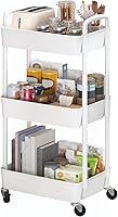 Sywhitta 3-Tier Rolling Utility Cart with Handle - Plastic Storage Organizer for Kitchen, Bathroom, Office - White, Lockable Wheels