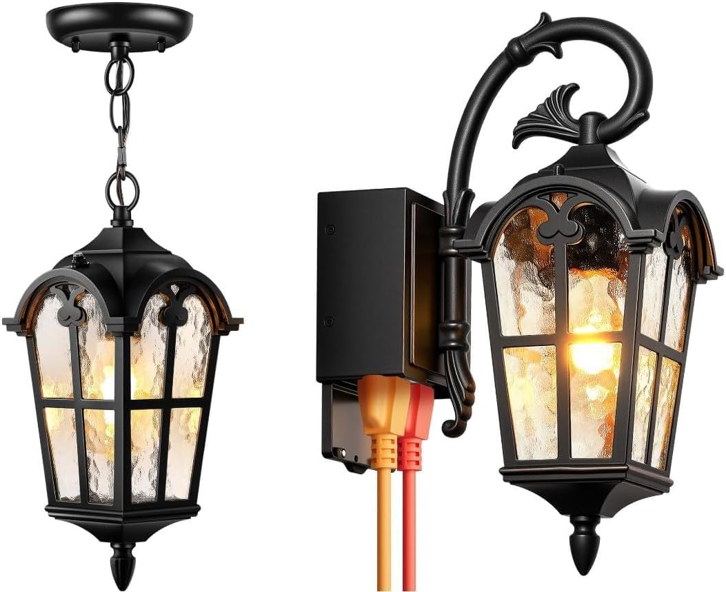 Black Dusk to Dawn Outdoor Pendant Lights for Porch, Vintage Hanging Exterior Light & Outdoor Porch Light with Outlet, Dusk to Dawn Porch Light Outside House Lights Wall Mount