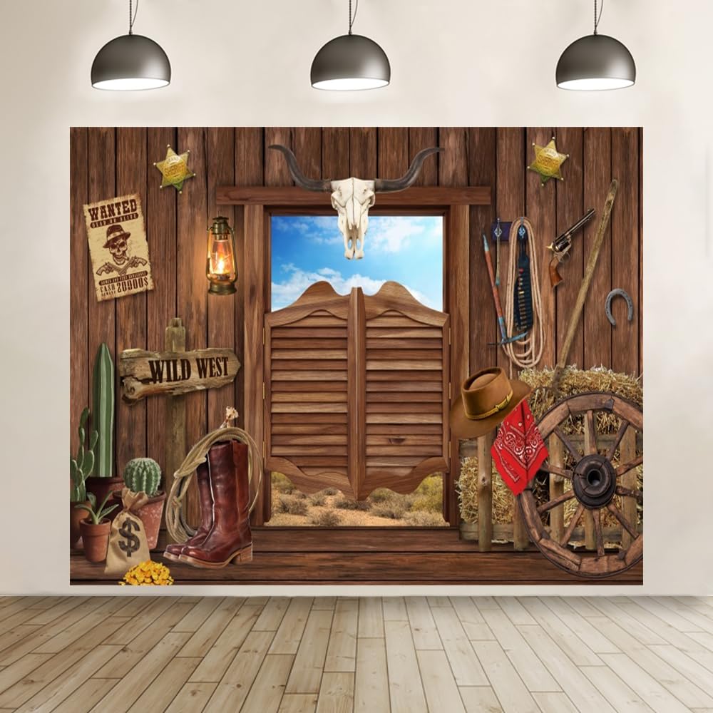 Sfondo western 2,4 x 1,8 m Western Cowboy decorazione per feste banner Wild West Rodeo Decor Country Saloon Bar rustico in legno fienile porta foto sfondo per bambini ragazzo compleanno baby shower