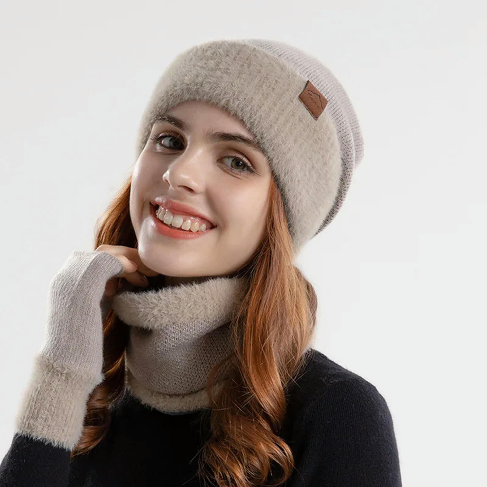 Schal Mütze Handschuh Set Winter Gestrickte Mütze Hut Halswärmer Handschuhe Mode Außenhut Für Frauen