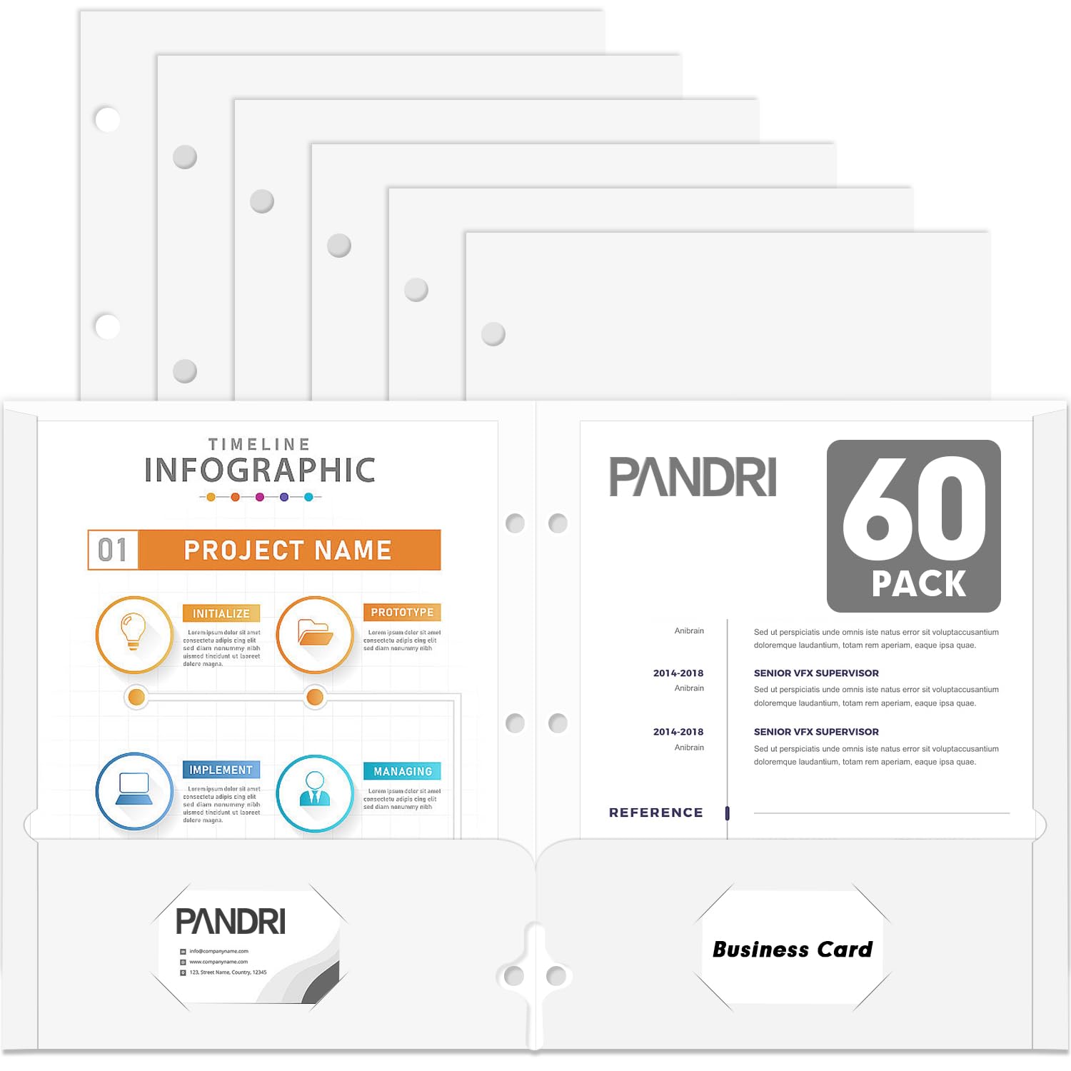 Two Pocket Portfolio Folders, PANDRI 60 Pack 3 Hole Punched 2 Pocket Folders for 3 Ring Binder, Letter Size Paper File Folder for School Office Home