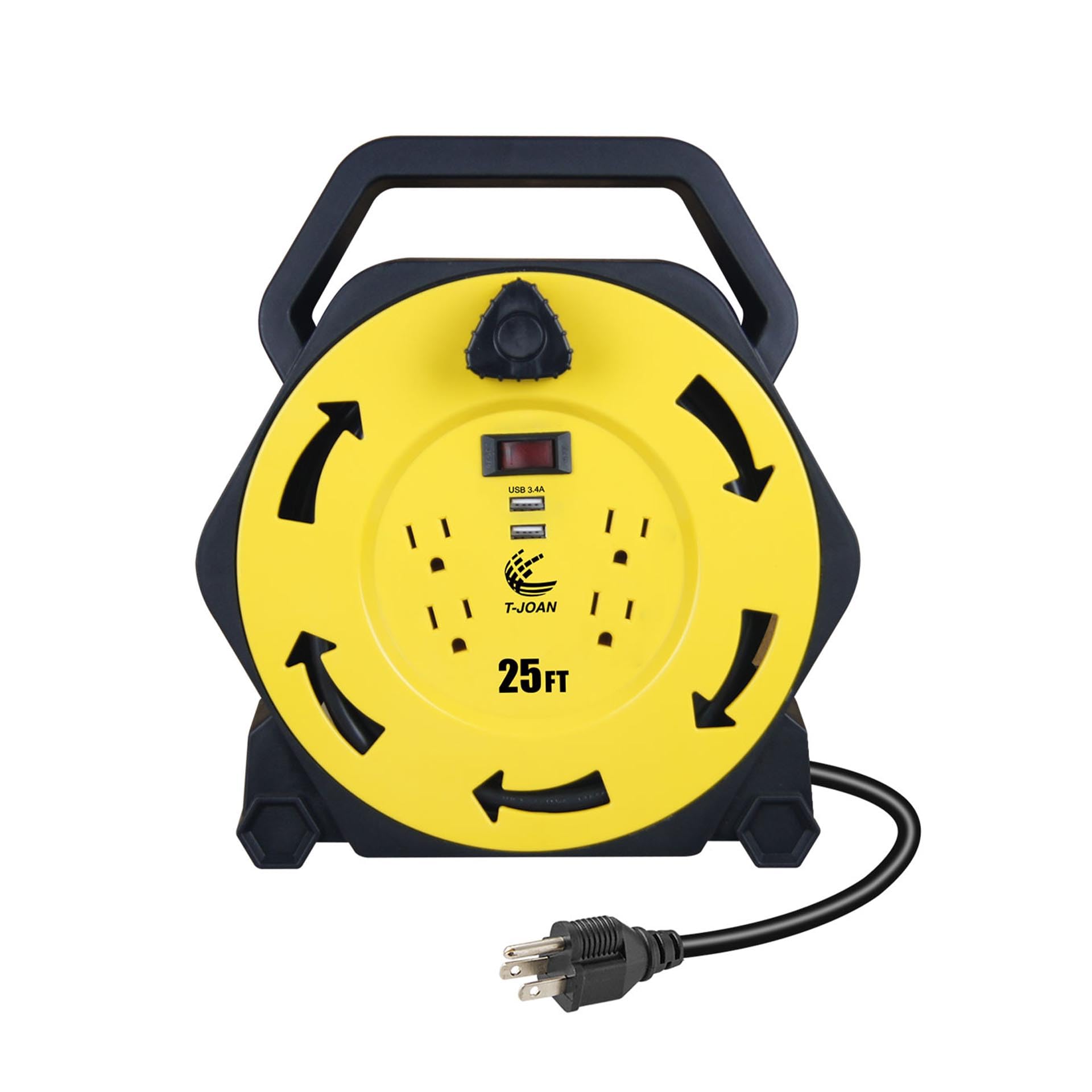 Przedłużacz bębna z kablem zasilającym, 16/3AWG, 4 gniazda uziemiające, 2 USB 3.4A, wyłącznik 13A, UL Yellow Listing