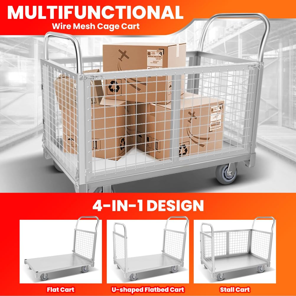 Carro de Plataforma con Jaula,Carro de Plataforma Resistente con Ruedas de Goma, Carga de 300 Kg,Carro de Plataforma con Valla,Carretillas Manuales para Almacén,Comestibles