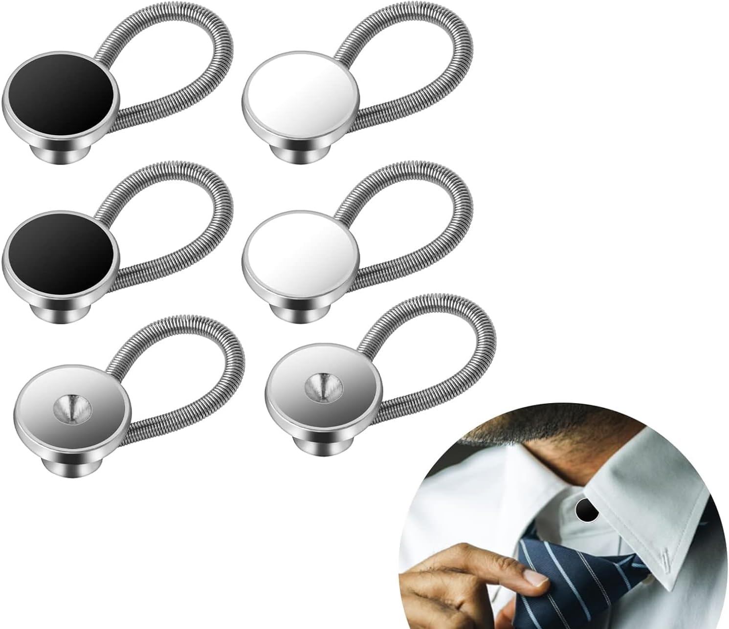 6pcs Invisible Elastic Collar Extenders for Men - Comfortable, Adjustable, and Durable Metal Tie Collar Expander for Trouser, Coat, Shirts, and Jeans - Easy to Use Pants Waist Button Extender