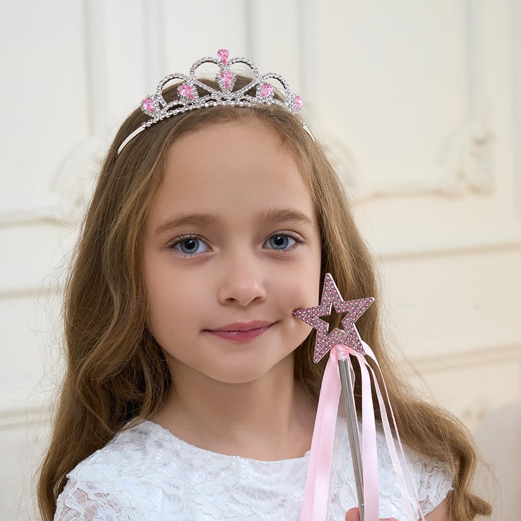 Lovelyshop Metal Red Princess Tiara with Crystal Adjustable Wand Set, 2 Pieces, Dress Up Accessories for Girls 5-13 Years Old