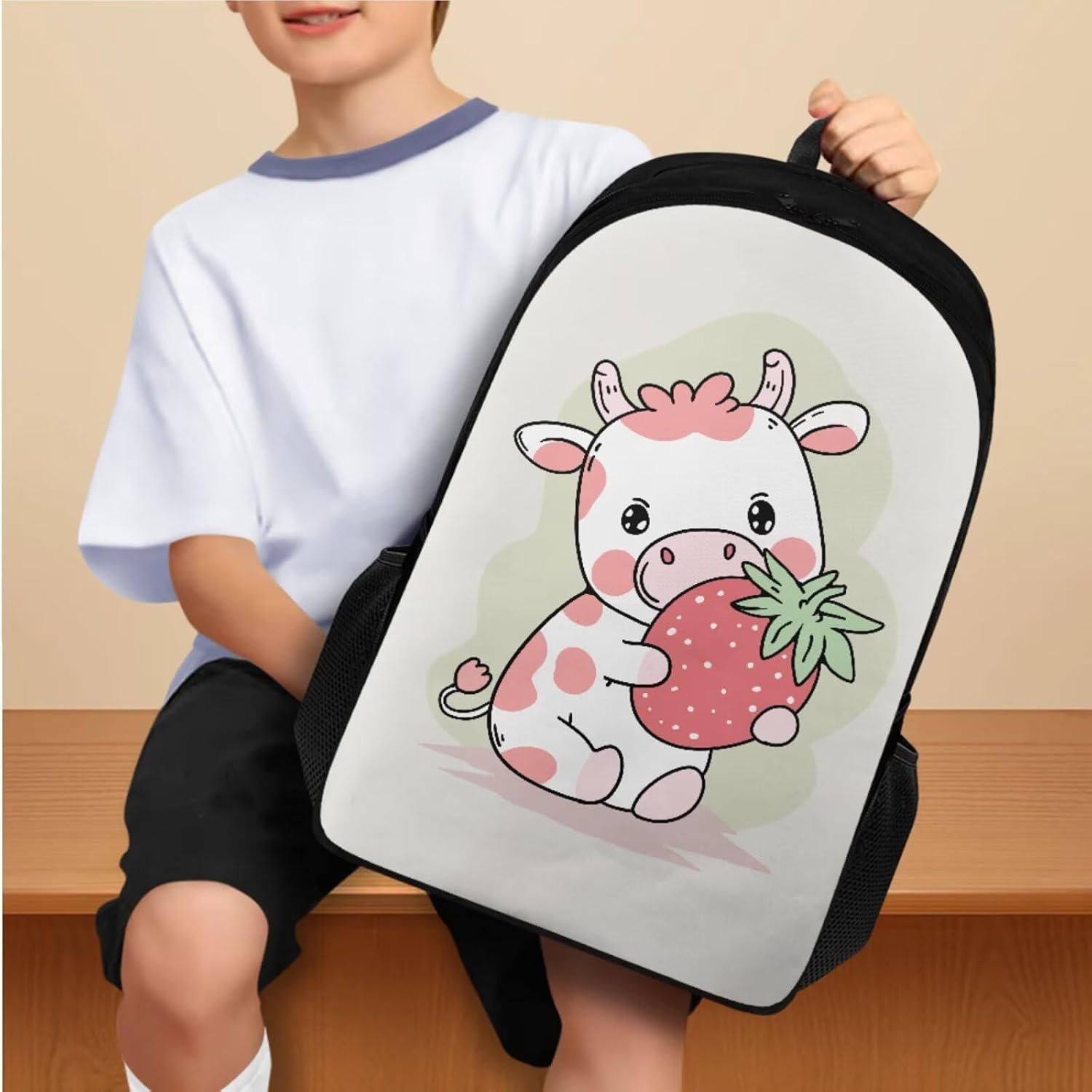 Ystardream Cartoon Cow Elementary School Backpack for Girls Kids Backpack with Lunch Box Pencil Case Bookmark Toddler Primary Schoolbag Book Bag Set 4 In 1 Back to School Supplies