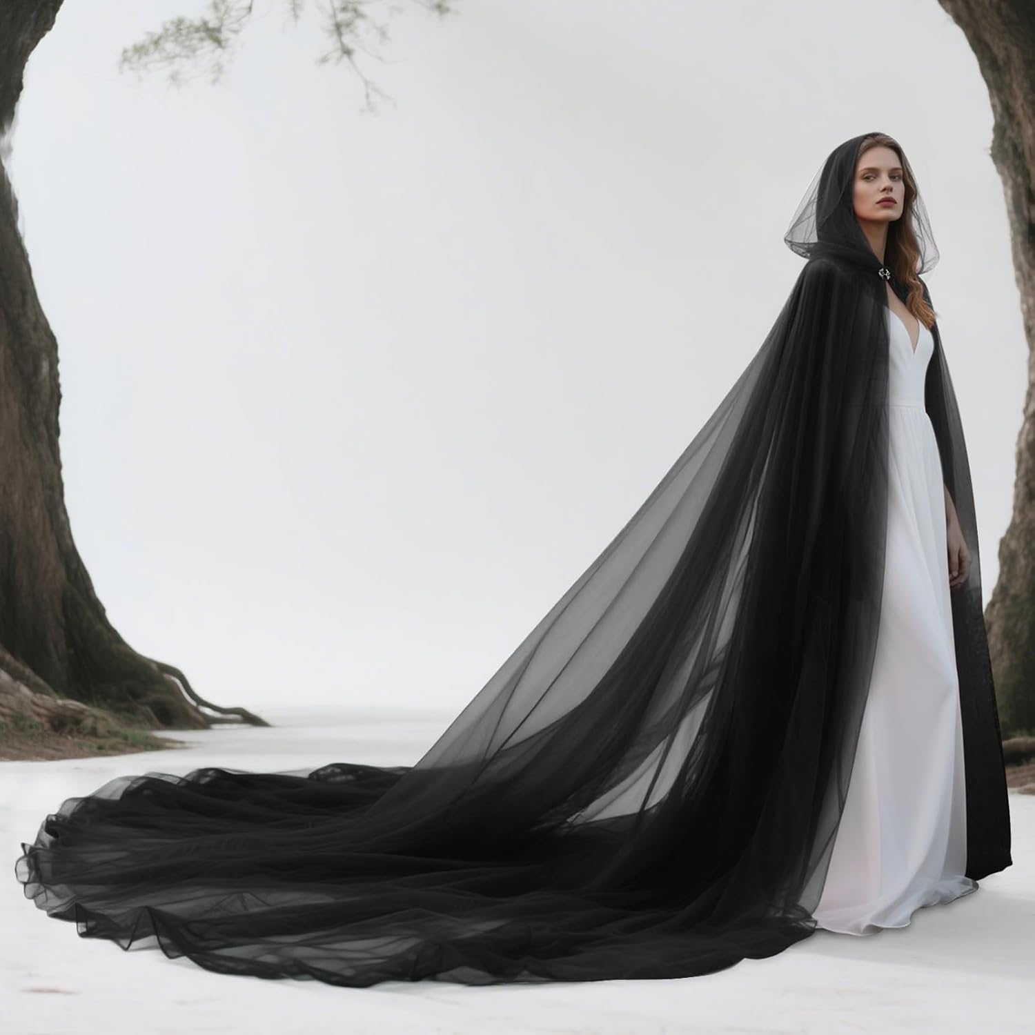 Joukavor Tulle Hooded Cape with Train Sheer Witch Cloak Long for Halloween - Image 3