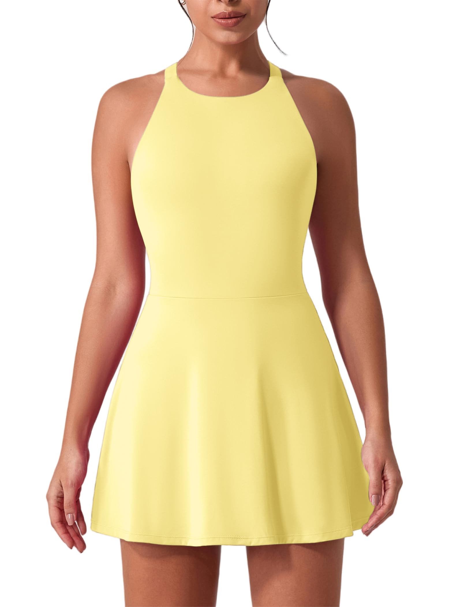 Robe de tennis pour femme - Sans manches - Dos croisé - Avec soutien-gorge intégré et short - Avec poches - Mini robe d'été - Robe de golf - Robe d'entraînement
