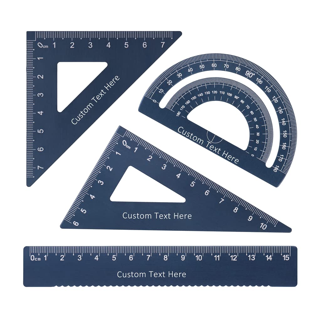 Personalised Engraved Name Metal Protractor Aluminium Ruler Square Triangle Ruler Gift for Students (Blue)