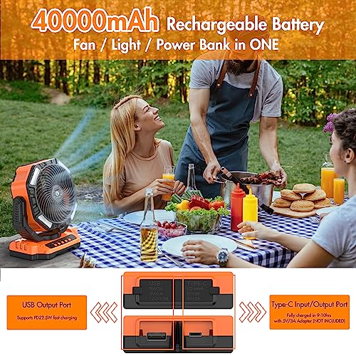 40000Mah Rechargeable Camping Fan, Battery Operated Oscillating Outdoor Fan, Battery Powered Table Fan For Home Hurricane Jobsite Garage, Portable Tent Fan With Remote Light Hook For Camping Trip Rv #TOP1